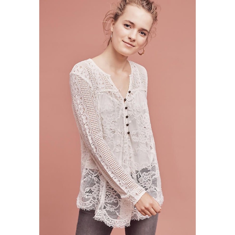 Anthropologie Top Floreat SHEER Ivory Lace Long Sleeve Button Bohemian Blouse